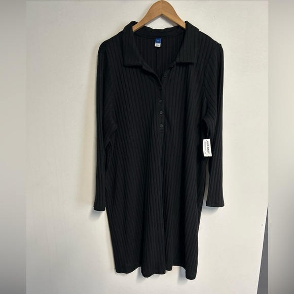 Old Navy Womens XXL Black Ribbed Knit Sweater Dress Long‎ Sleeve Belt 1/4 Button - Picture 2 of 14